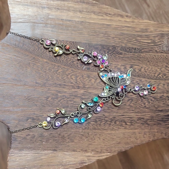 Brass Tone Multicolored Rhinestone Butterfly Pendant Necklace w/ Extender - Picture 3 of 7